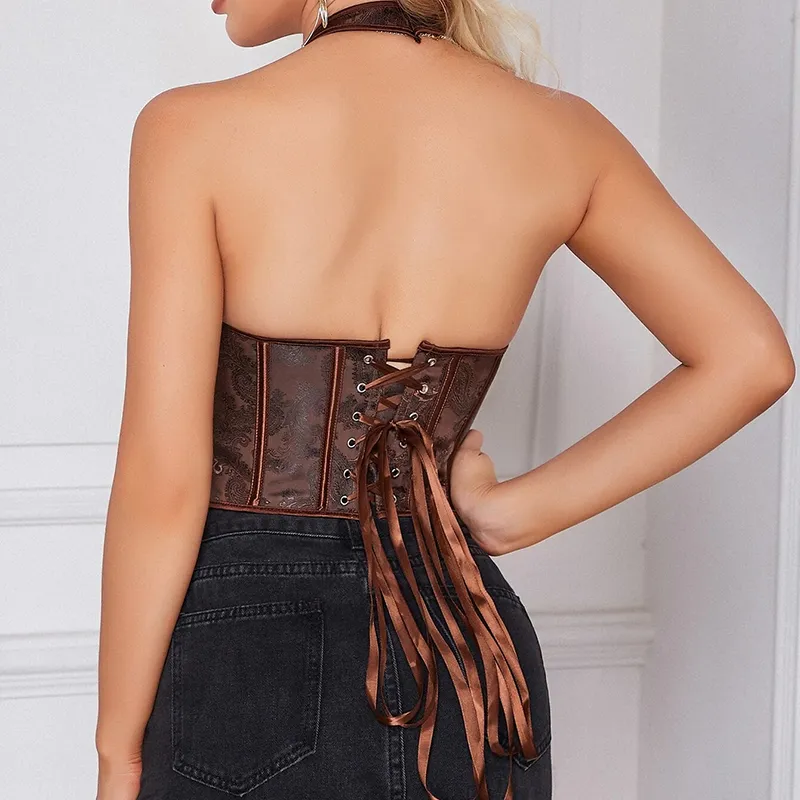 Corset à bretelles marron et dos nu style bustier