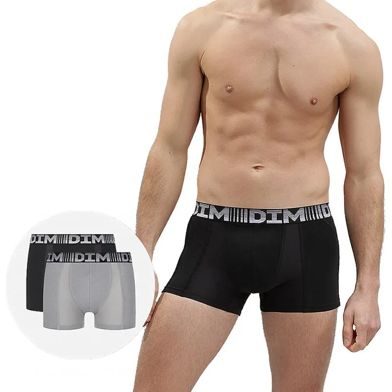 DIM Lot de 2 Boxers Homme Coton 3D FLEX AIR Noir Gris perle