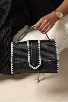 Sac en paille noir à empiècempent en cuir noir