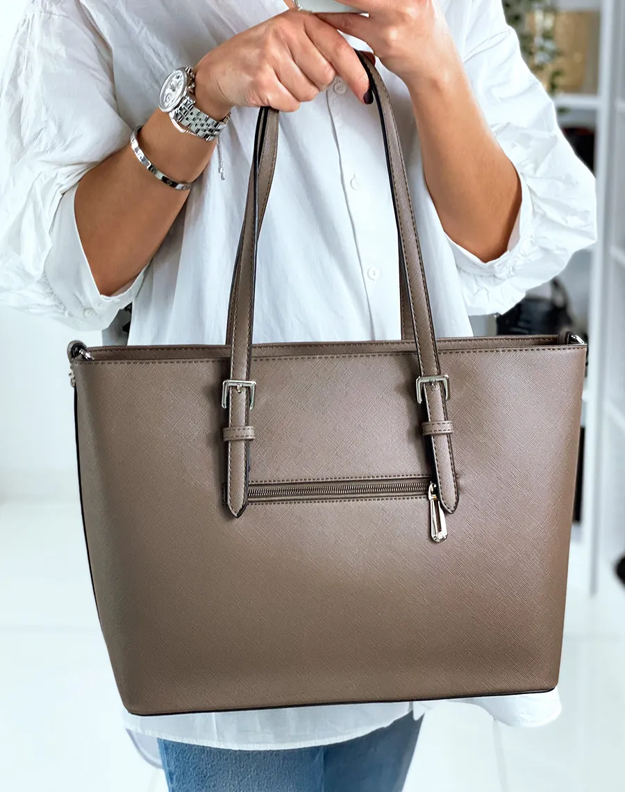 Sac à main type cabat taupe foncé en simili cuir