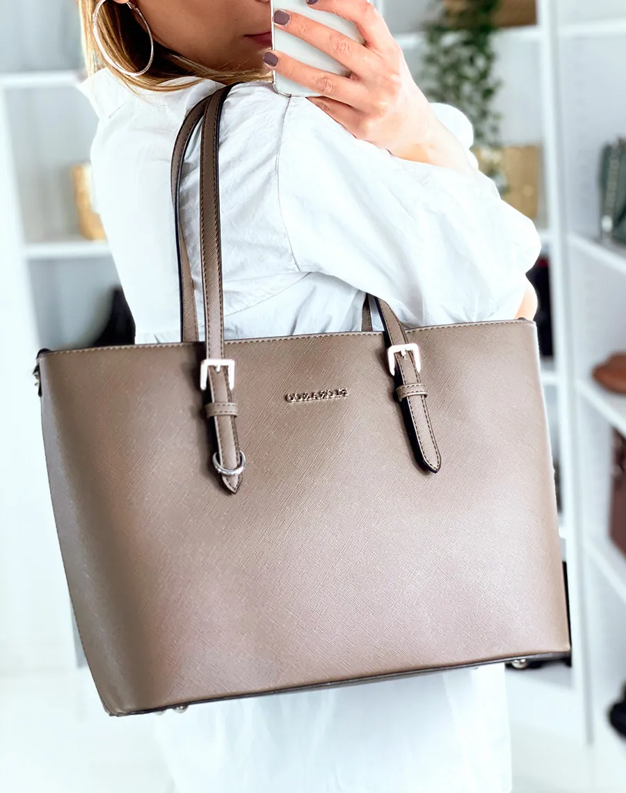 Sac à main type cabat taupe foncé en simili cuir