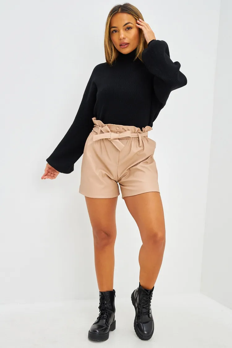 Short beige foncé taille haute en simili cuir